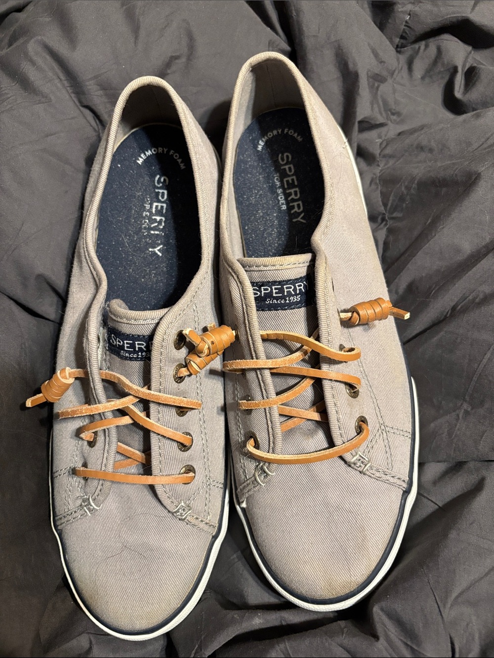 Sperry women’s gray Canvas Boat Shoes with Tan Leather Laces